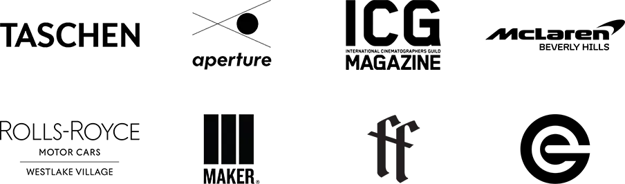 brand logos for Taschen, Aperture Foundation, ICG Magazine, McLaren Beverly Hills, Rolls-Royce Westlake Village, Maker Studios, Forbidden Flowers, and Electric Bikes Los Angeles